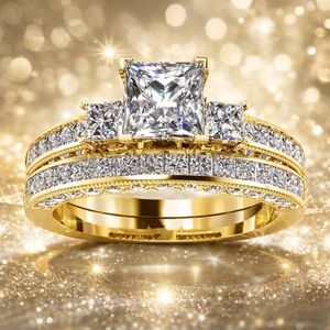 Moissanite Princess-Cut Bridal Ring Set (S925, Gold Tone) Sizes 7, 8